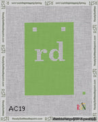 A taped needlepoint canvas with the design: Banner 18 mesh count Squared rd White on Light Green.
