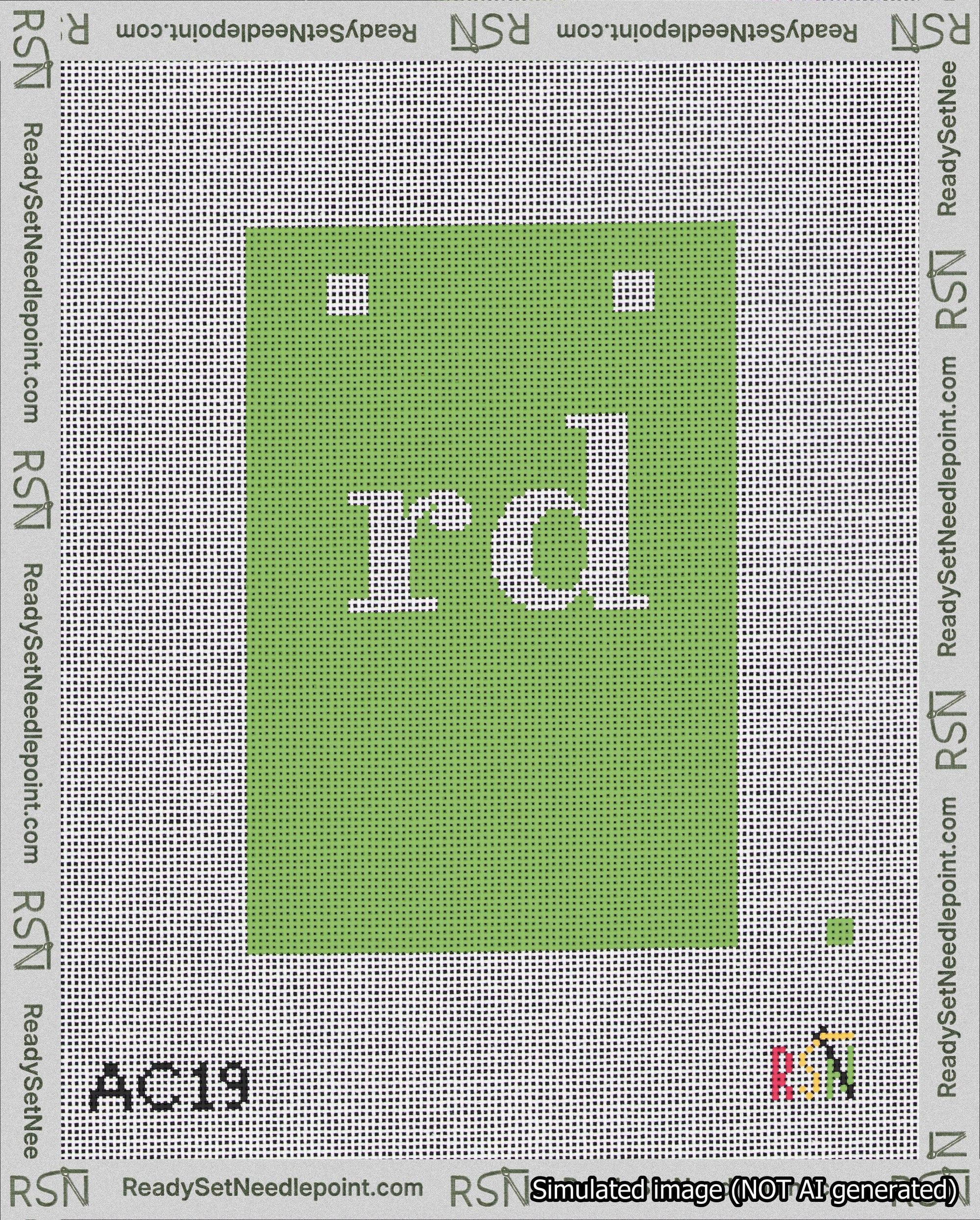 A taped needlepoint canvas with the design: Banner 18 mesh count Squared rd White on Light Green.
