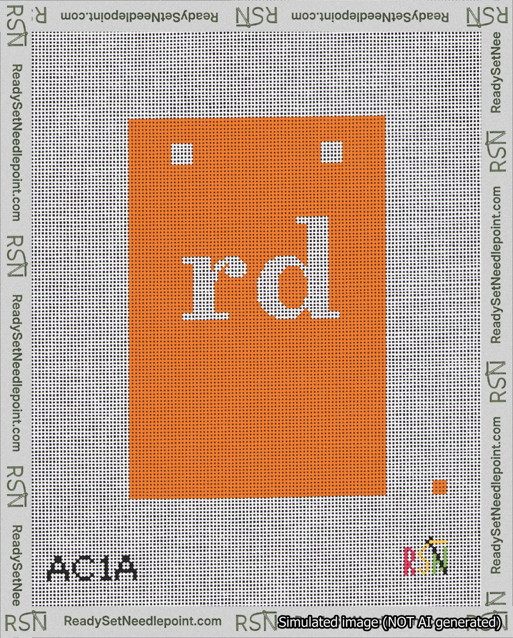 A taped needlepoint canvas with the design: Banner 18 mesh count Squared rd White on Orange.