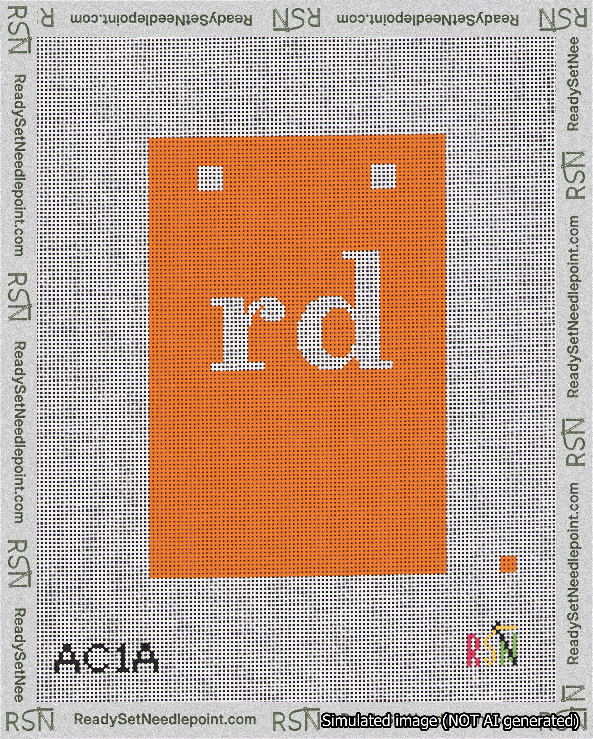 A taped needlepoint canvas with the design: Banner 18 mesh count Squared rd White on Orange.