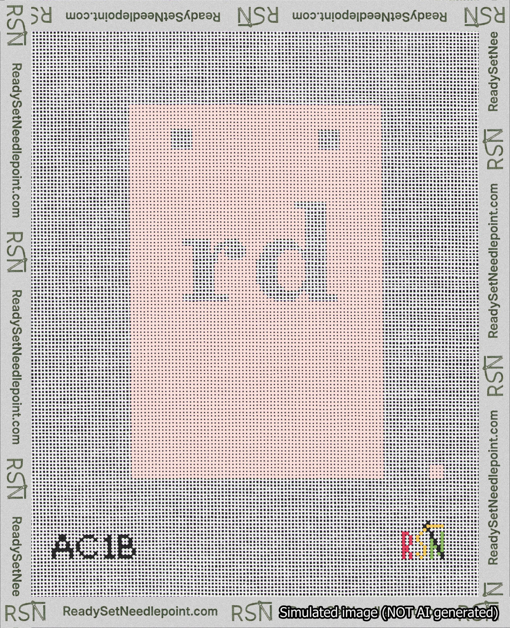 A taped needlepoint canvas with the design: Banner 18 mesh count Squared rd White on Pink.