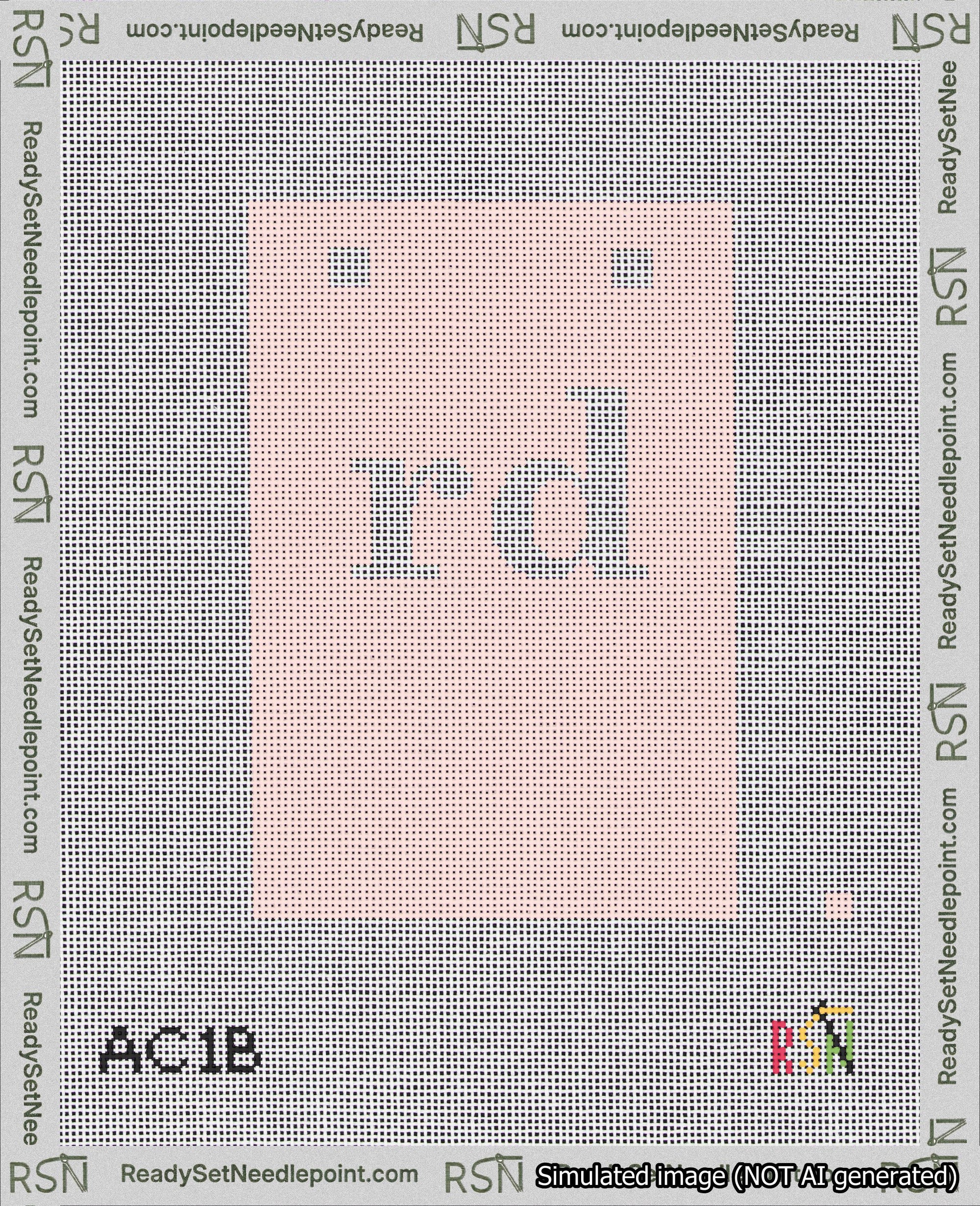 A taped needlepoint canvas with the design: Banner 18 mesh count Squared rd White on Pink.