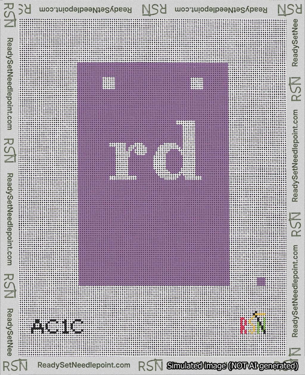 A taped needlepoint canvas with the design: Banner 18 mesh count Squared rd White on Purple.
