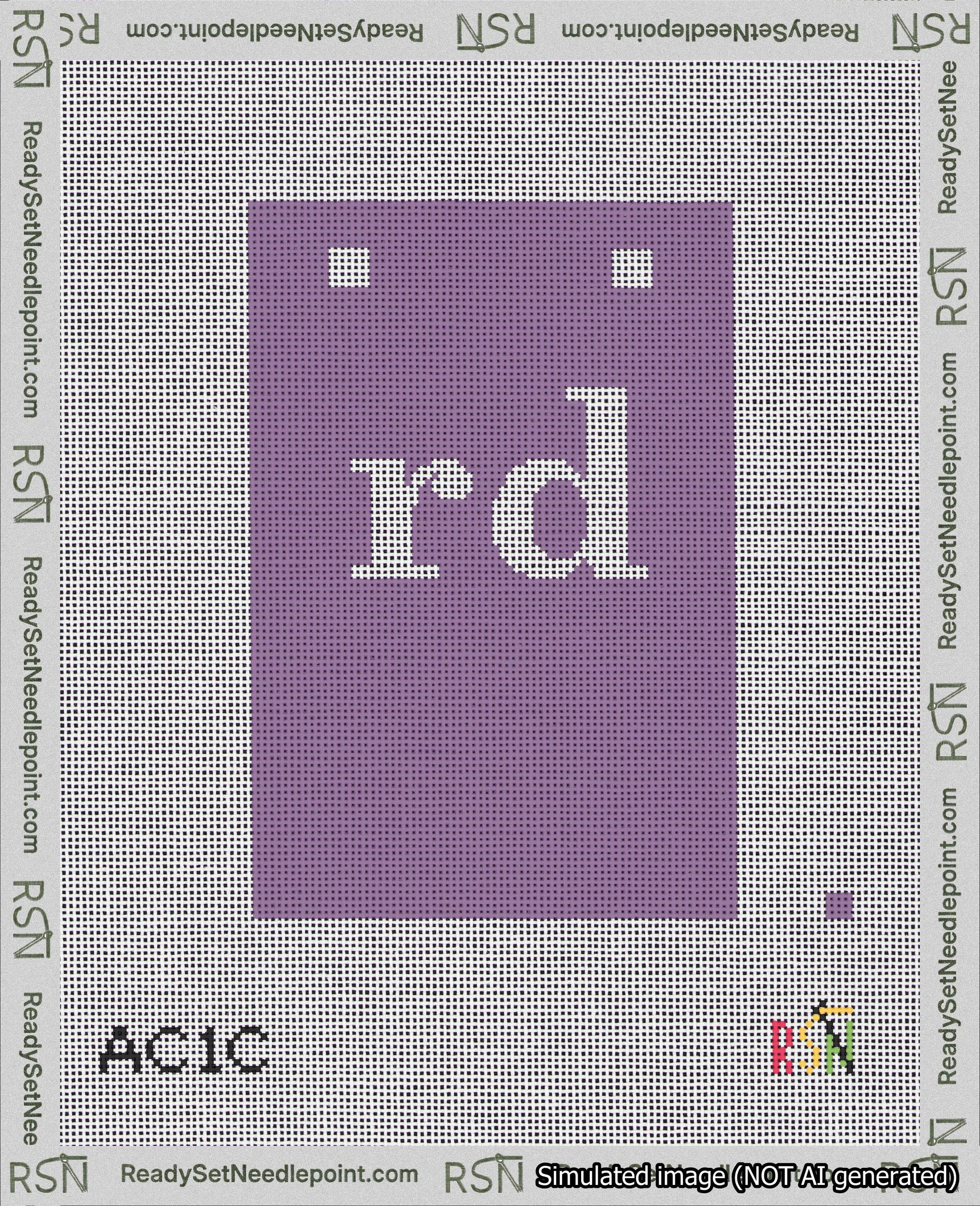 A taped needlepoint canvas with the design: Banner 18 mesh count Squared rd White on Purple.