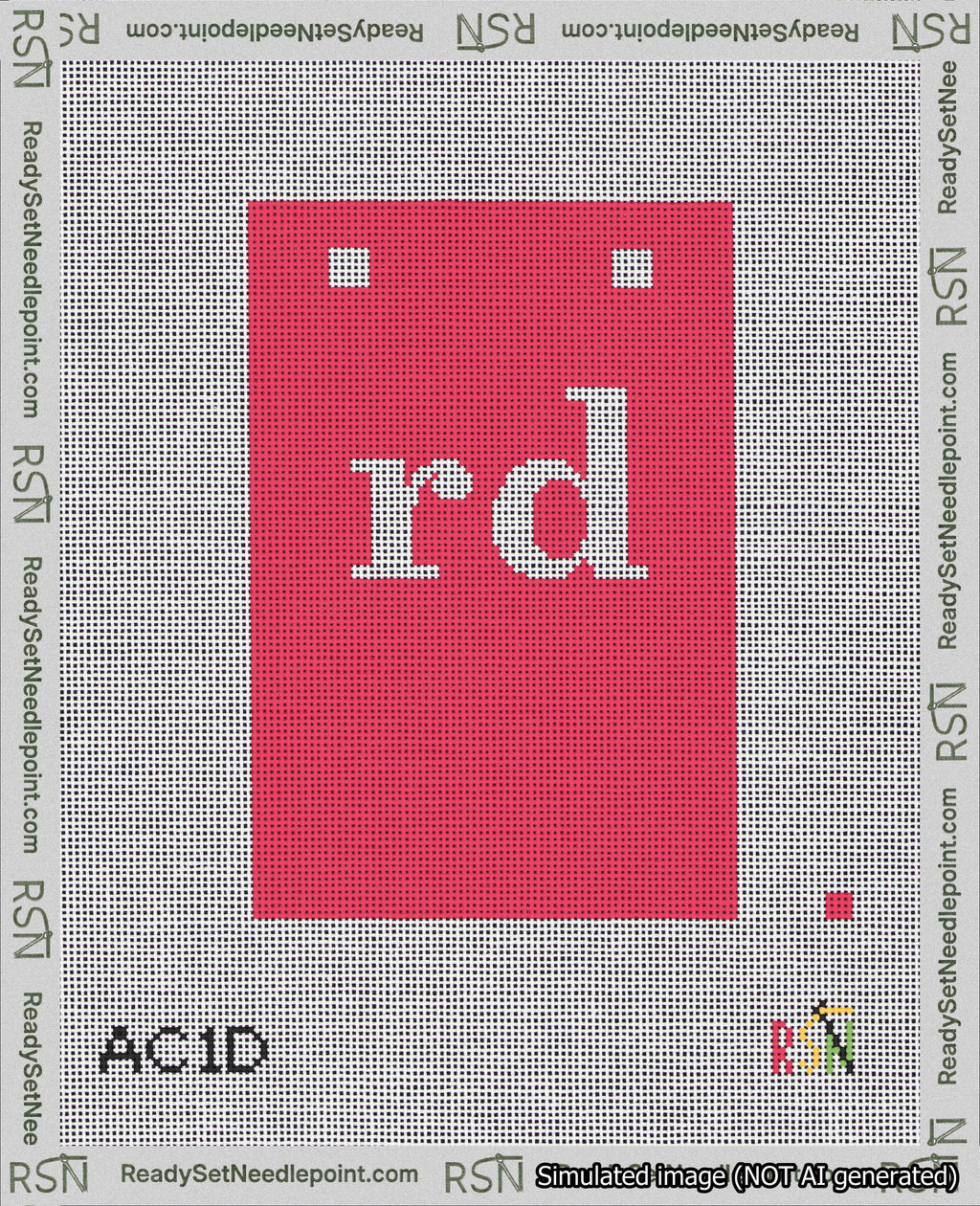 A taped needlepoint canvas with the design: Banner 18 mesh count Squared rd White on Red.