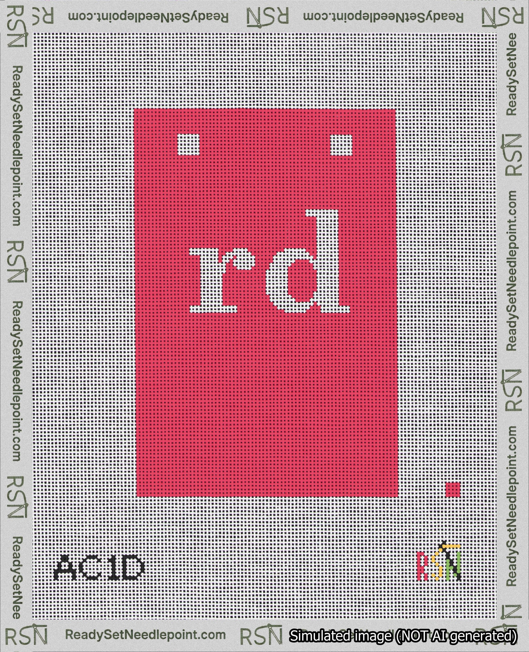 A taped needlepoint canvas with the design: Banner 18 mesh count Squared rd White on Red.