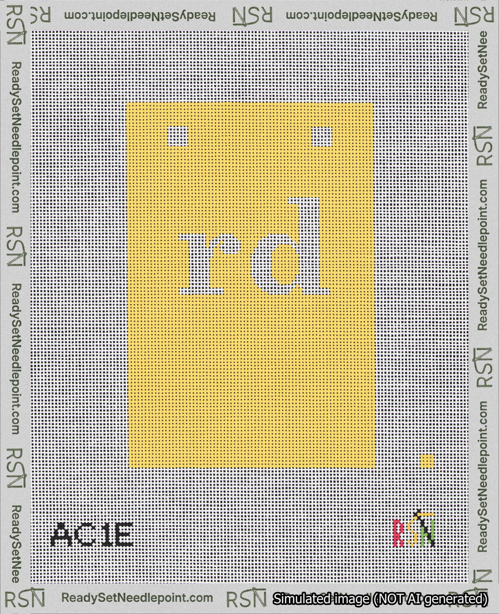 A taped needlepoint canvas with the design: Banner 18 mesh count Squared rd White on Yellow.