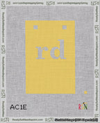 A taped needlepoint canvas with the design: Banner 18 mesh count Squared rd White on Yellow.