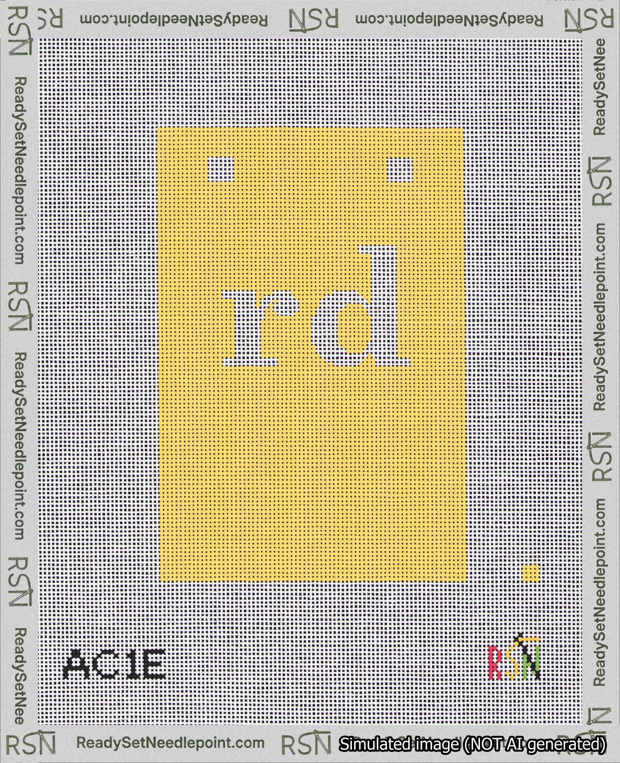 A taped needlepoint canvas with the design: Banner 18 mesh count Squared rd White on Yellow.