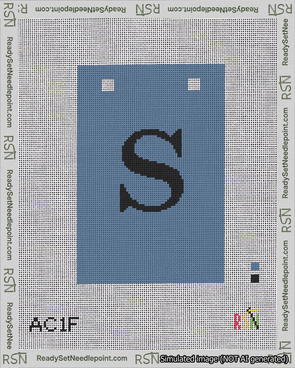 A taped needlepoint canvas with the design: Banner 18 mesh count Squared S Black on Blue.