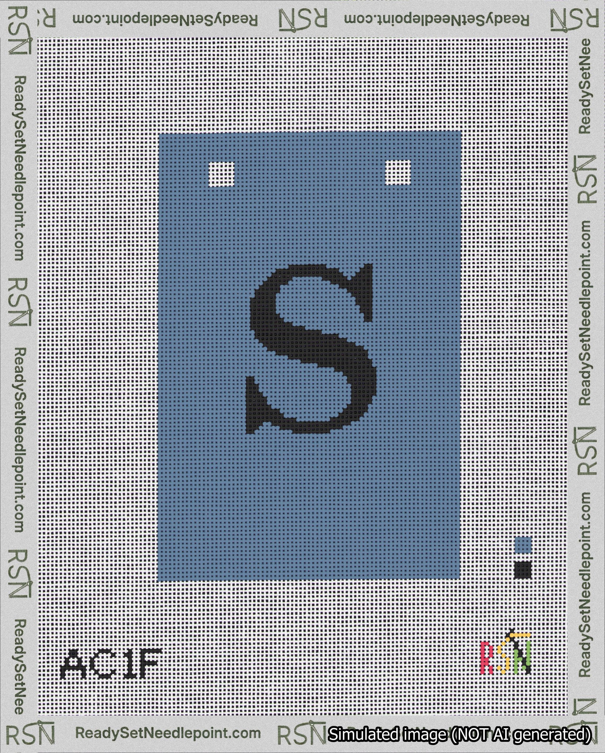 A taped needlepoint canvas with the design: Banner 18 mesh count Squared S Black on Blue.