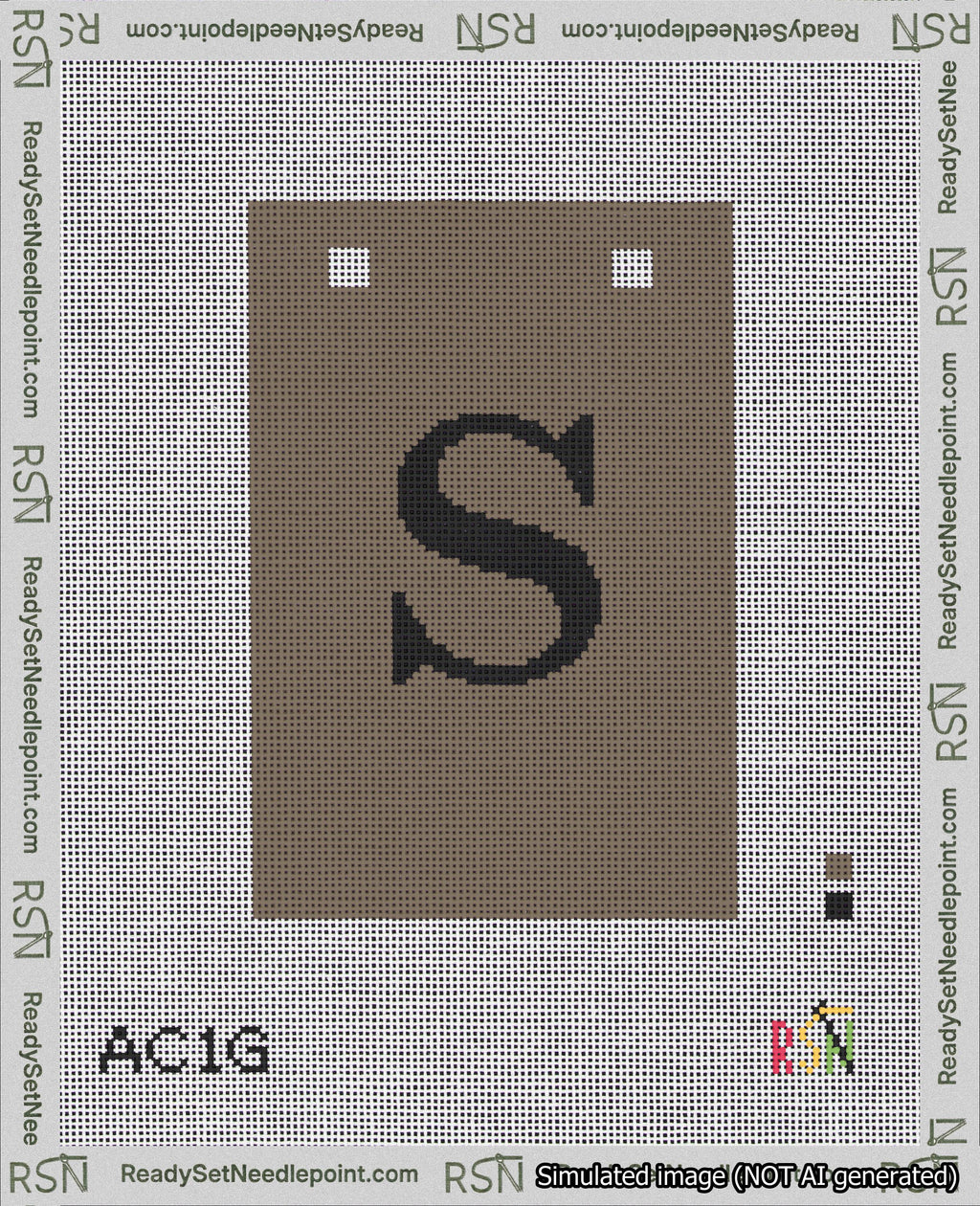 A taped needlepoint canvas with the design: Banner 18 mesh count Squared S Black on Brown.