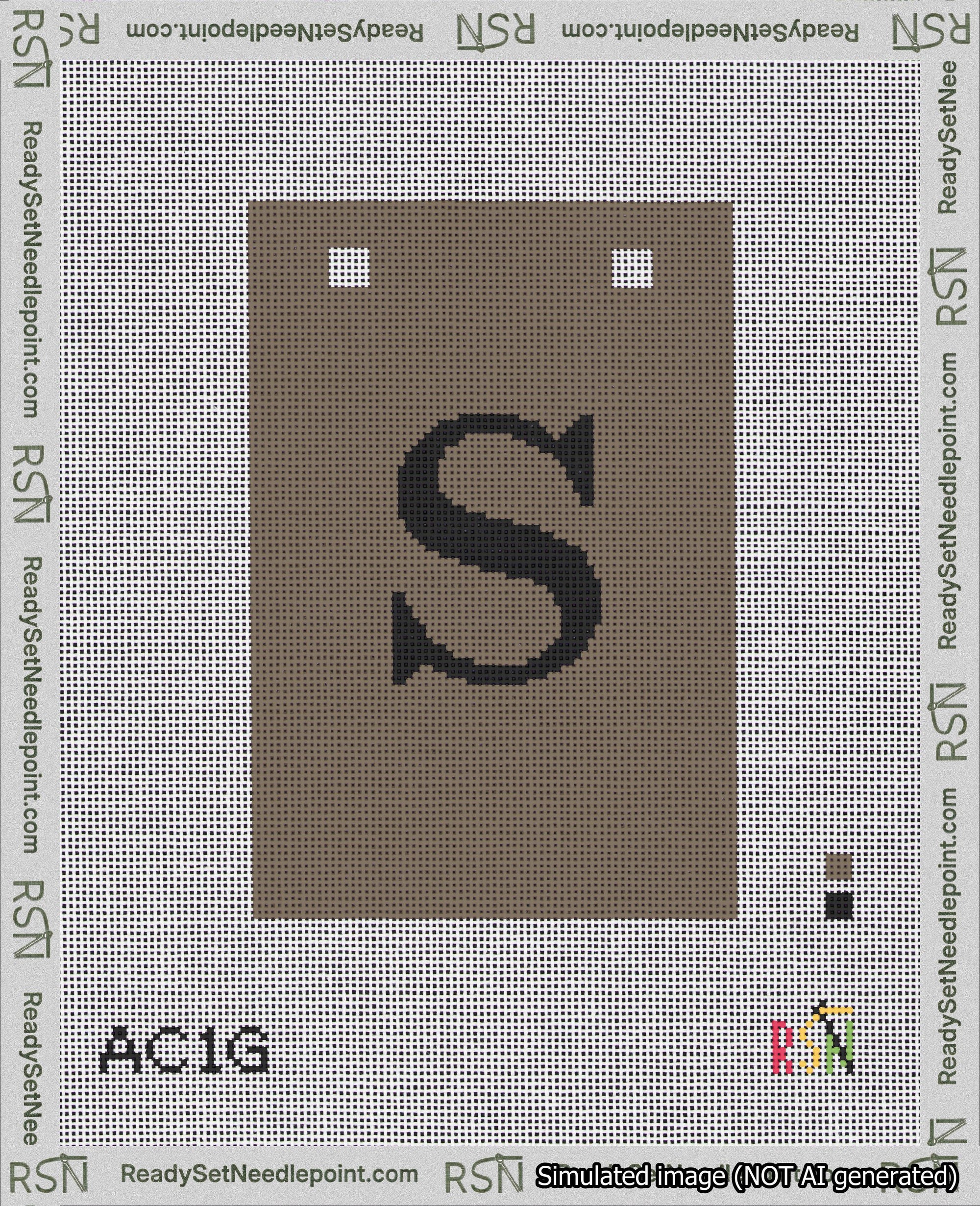 A taped needlepoint canvas with the design: Banner 18 mesh count Squared S Black on Brown.