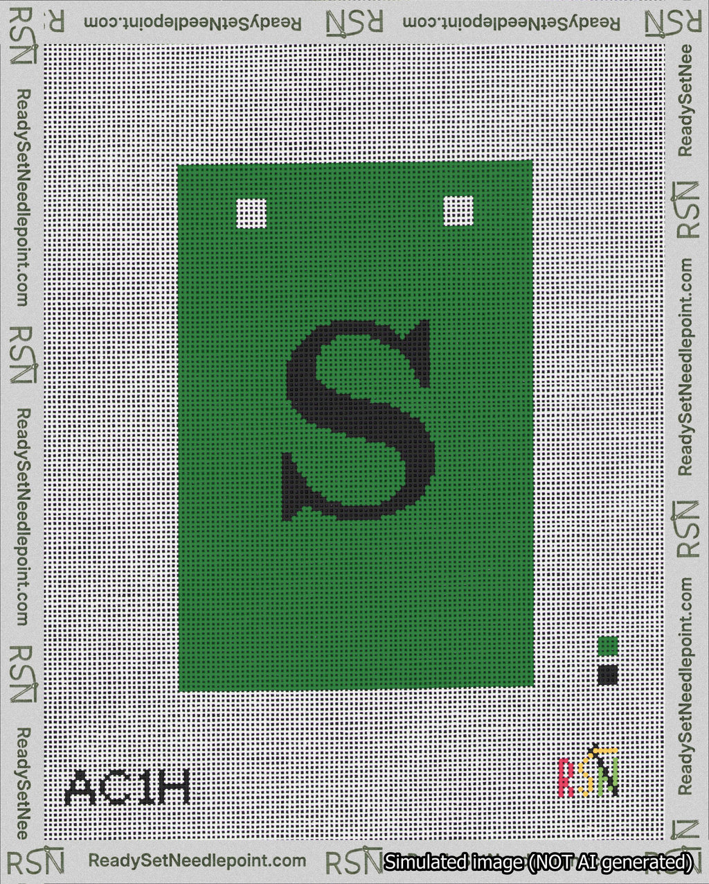 A taped needlepoint canvas with the design: Banner 18 mesh count Squared S Black on Green.