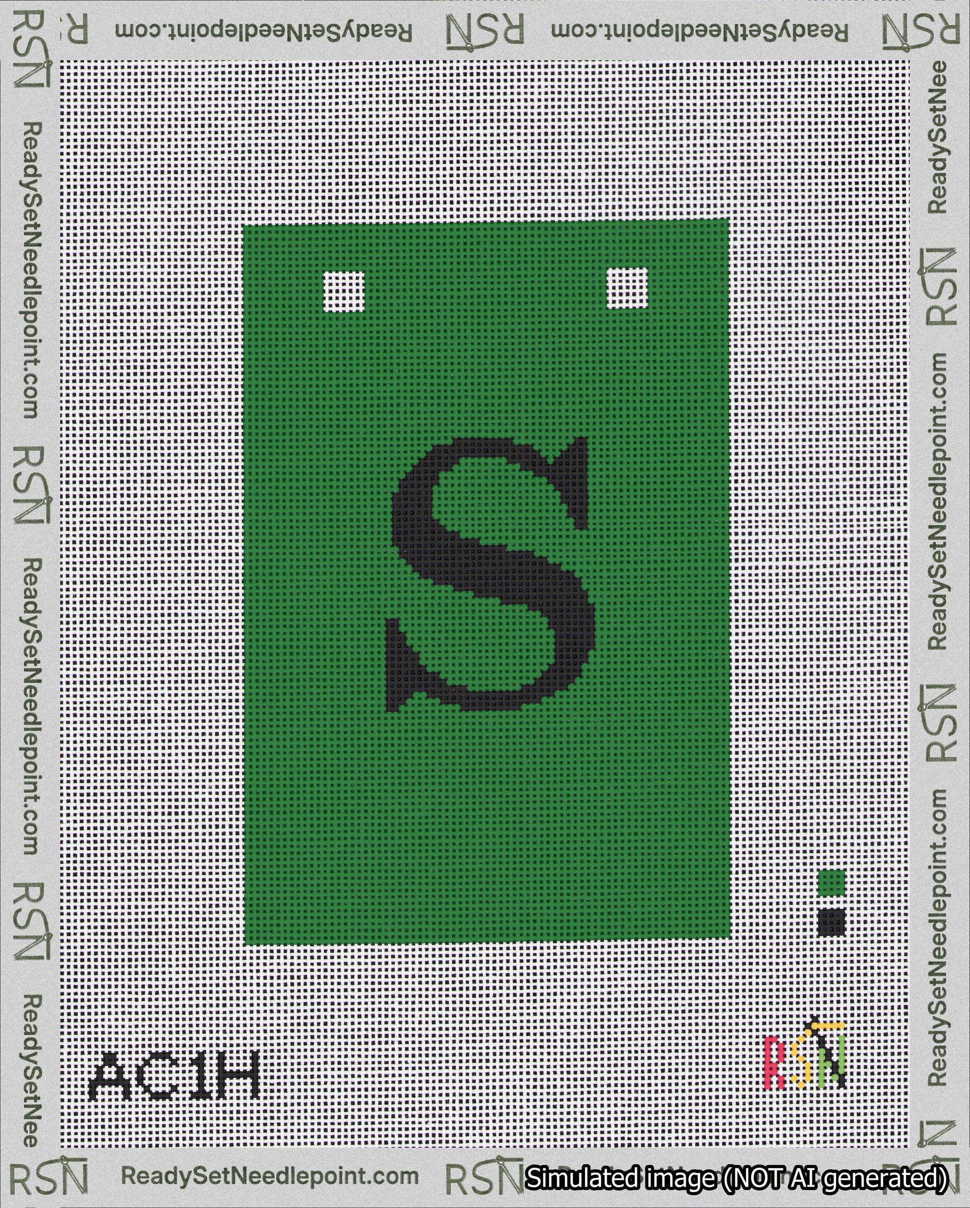 A taped needlepoint canvas with the design: Banner 18 mesh count Squared S Black on Green.