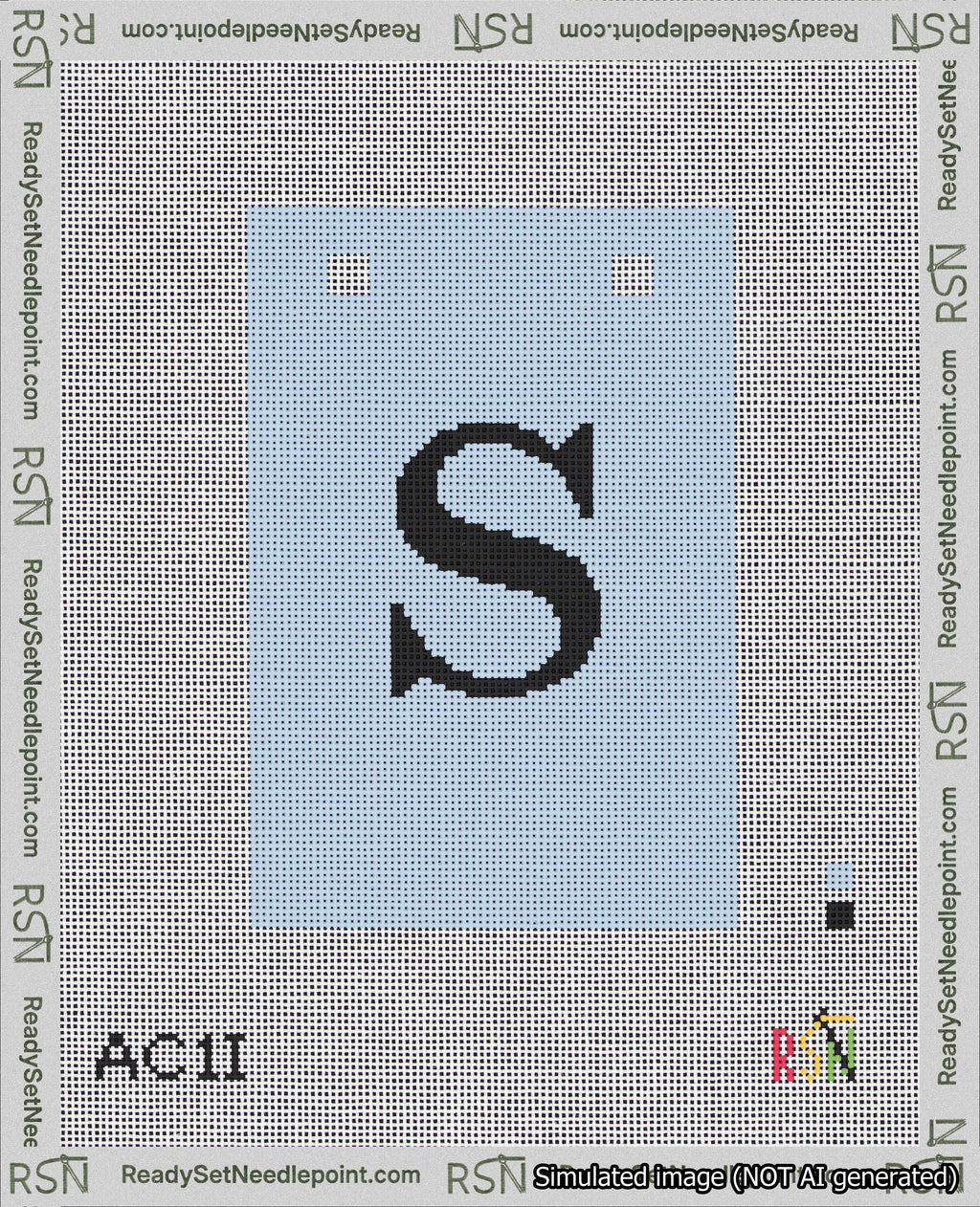 A taped needlepoint canvas with the design: Banner 18 mesh count Squared S Black on Light Blue.
