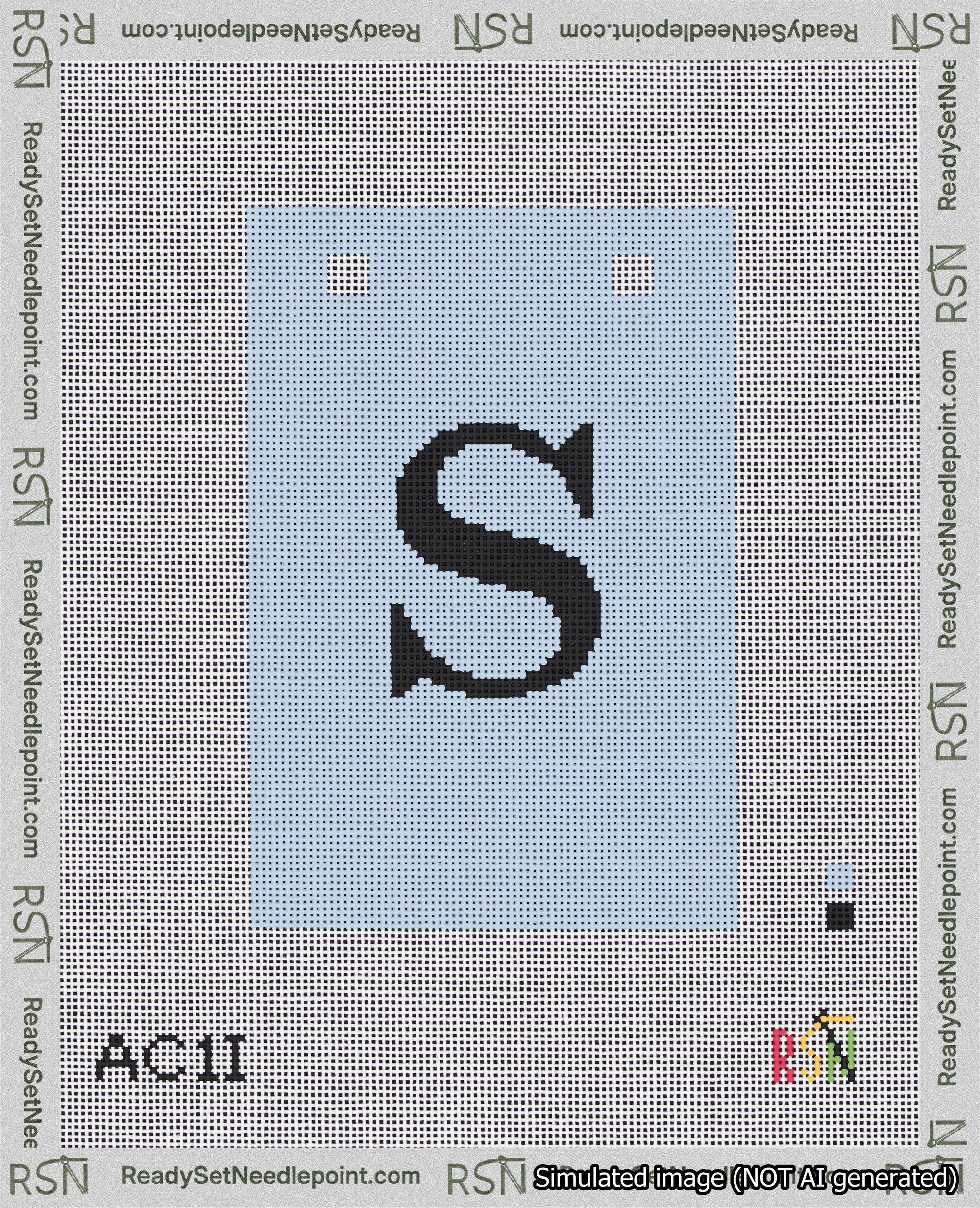 A taped needlepoint canvas with the design: Banner 18 mesh count Squared S Black on Light Blue.