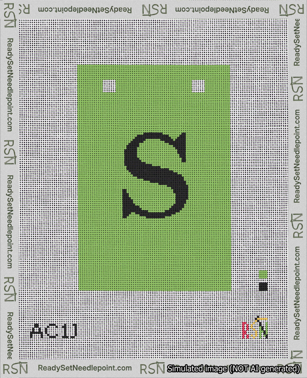 A taped needlepoint canvas with the design: Banner 18 mesh count Squared S Black on Light Green.