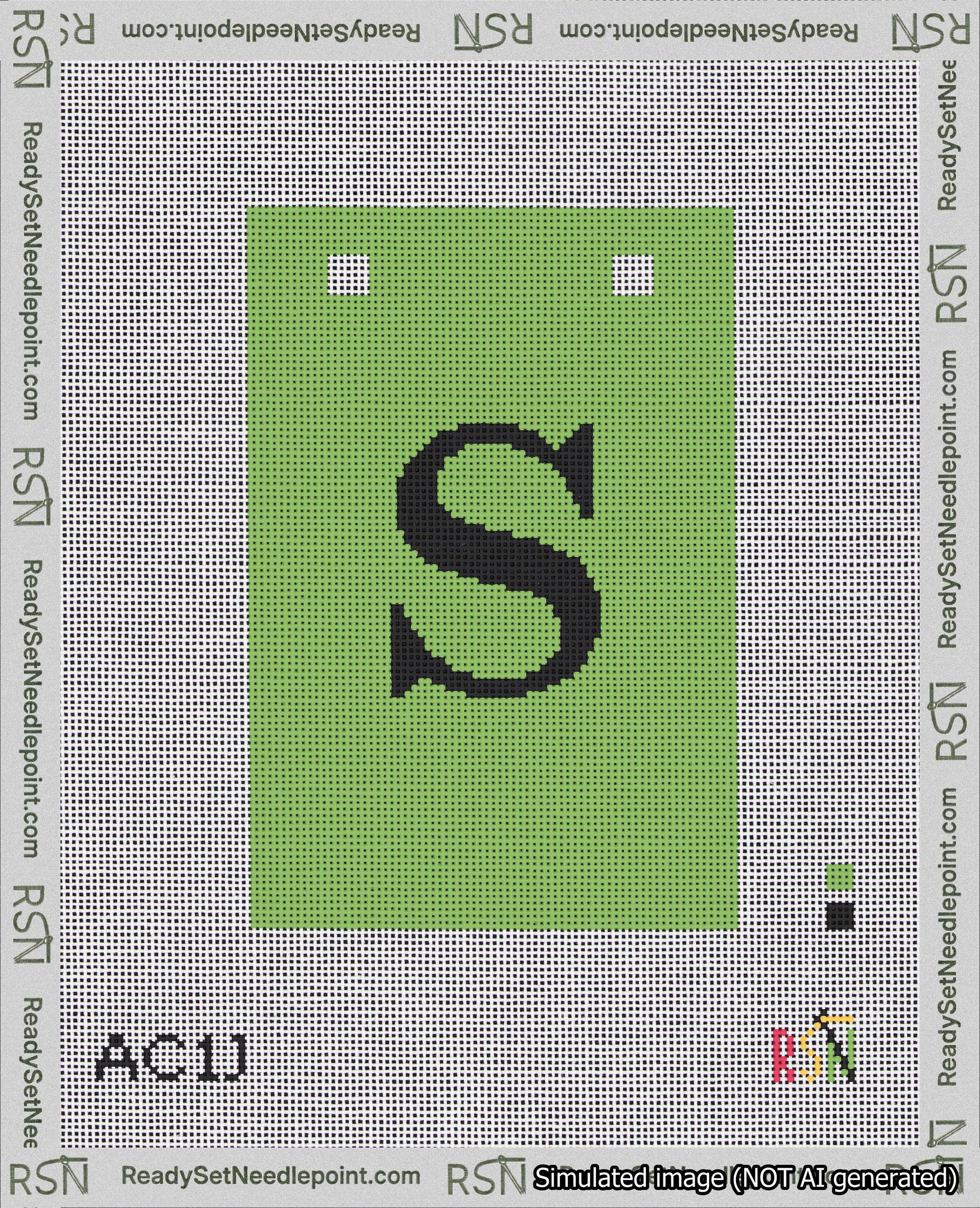 A taped needlepoint canvas with the design: Banner 18 mesh count Squared S Black on Light Green.