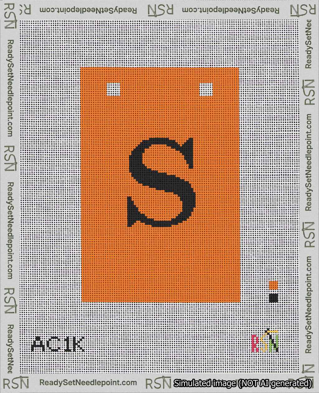 A taped needlepoint canvas with the design: Banner 18 mesh count Squared S Black on Orange.