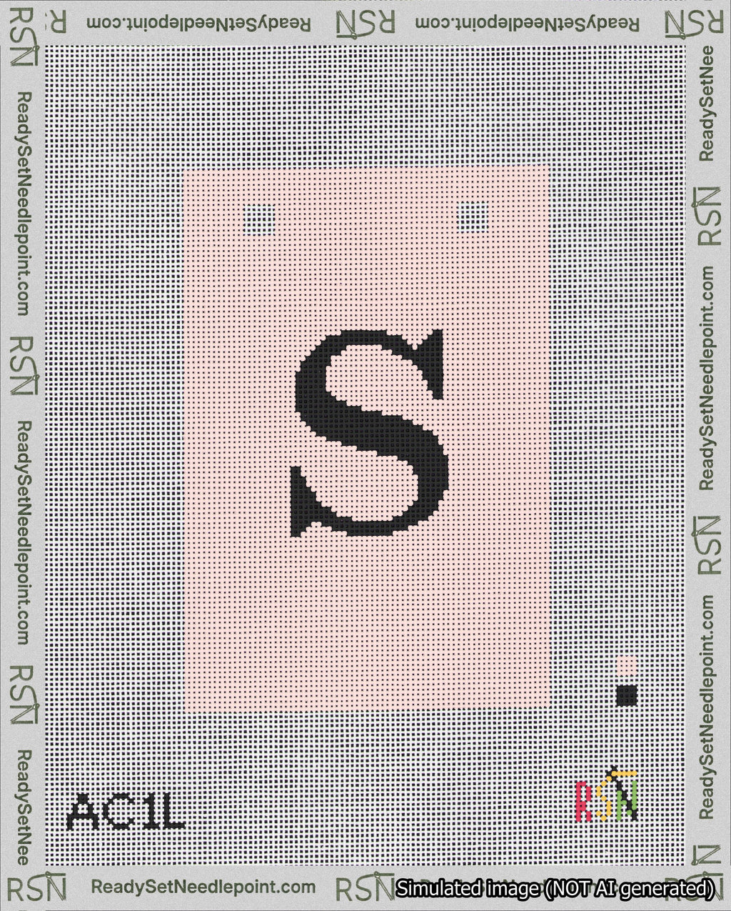 A taped needlepoint canvas with the design: Banner 18 mesh count Squared S Black on Pink.