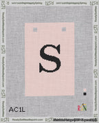 A taped needlepoint canvas with the design: Banner 18 mesh count Squared S Black on Pink.