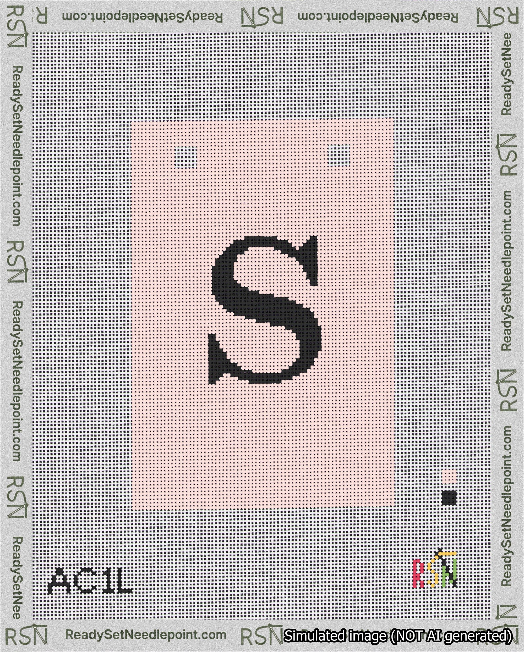 A taped needlepoint canvas with the design: Banner 18 mesh count Squared S Black on Pink.