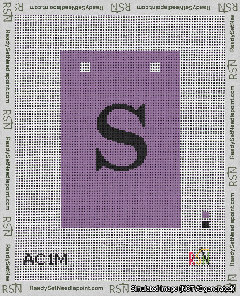 A taped needlepoint canvas with the design: Banner 18 mesh count Squared S Black on Purple.