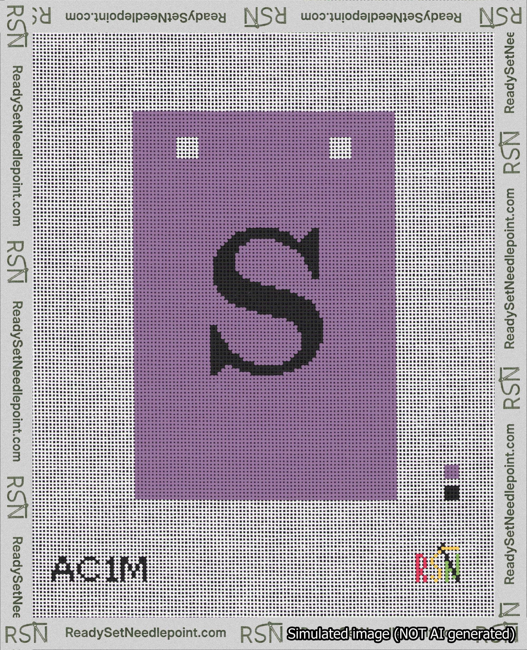 A taped needlepoint canvas with the design: Banner 18 mesh count Squared S Black on Purple.