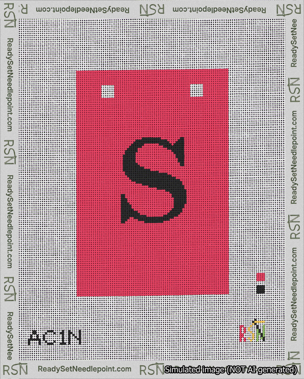 A taped needlepoint canvas with the design: Banner 18 mesh count Squared S Black on Red.
