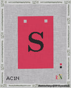 A taped needlepoint canvas with the design: Banner 18 mesh count Squared S Black on Red.
