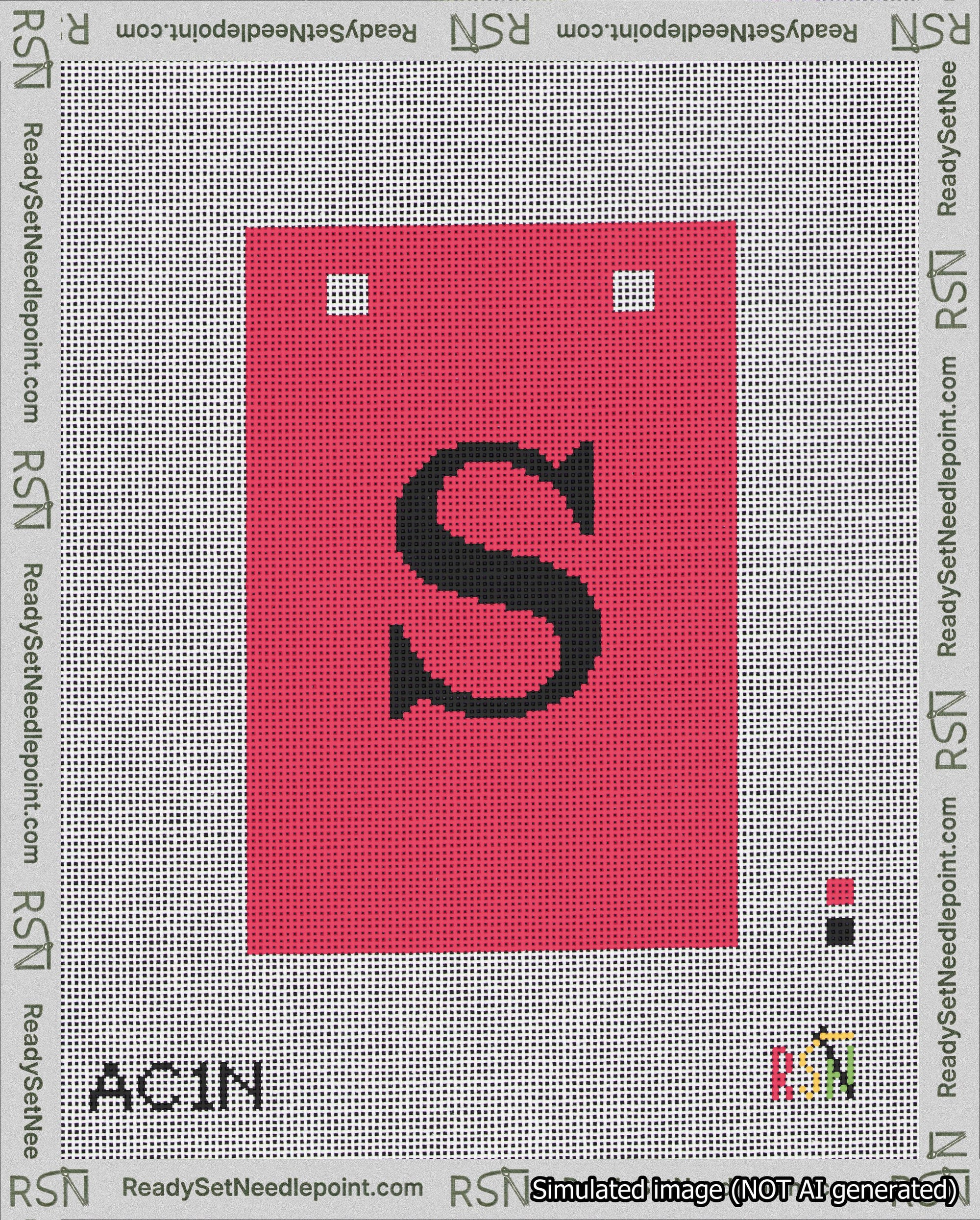 A taped needlepoint canvas with the design: Banner 18 mesh count Squared S Black on Red.