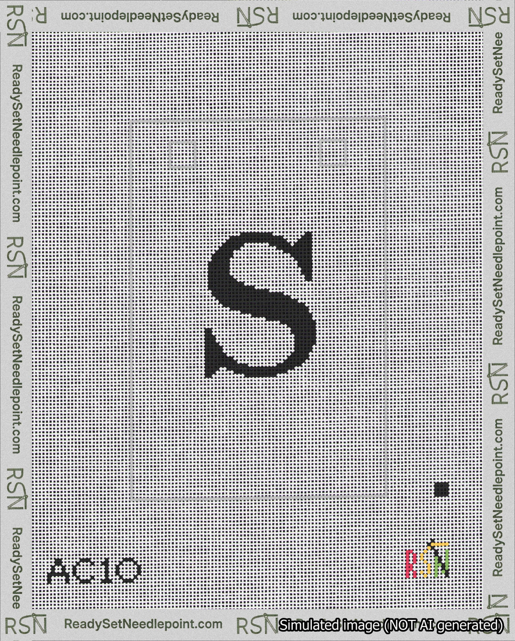 A taped needlepoint canvas with the design: Banner 18 mesh count Squared S Black on White.