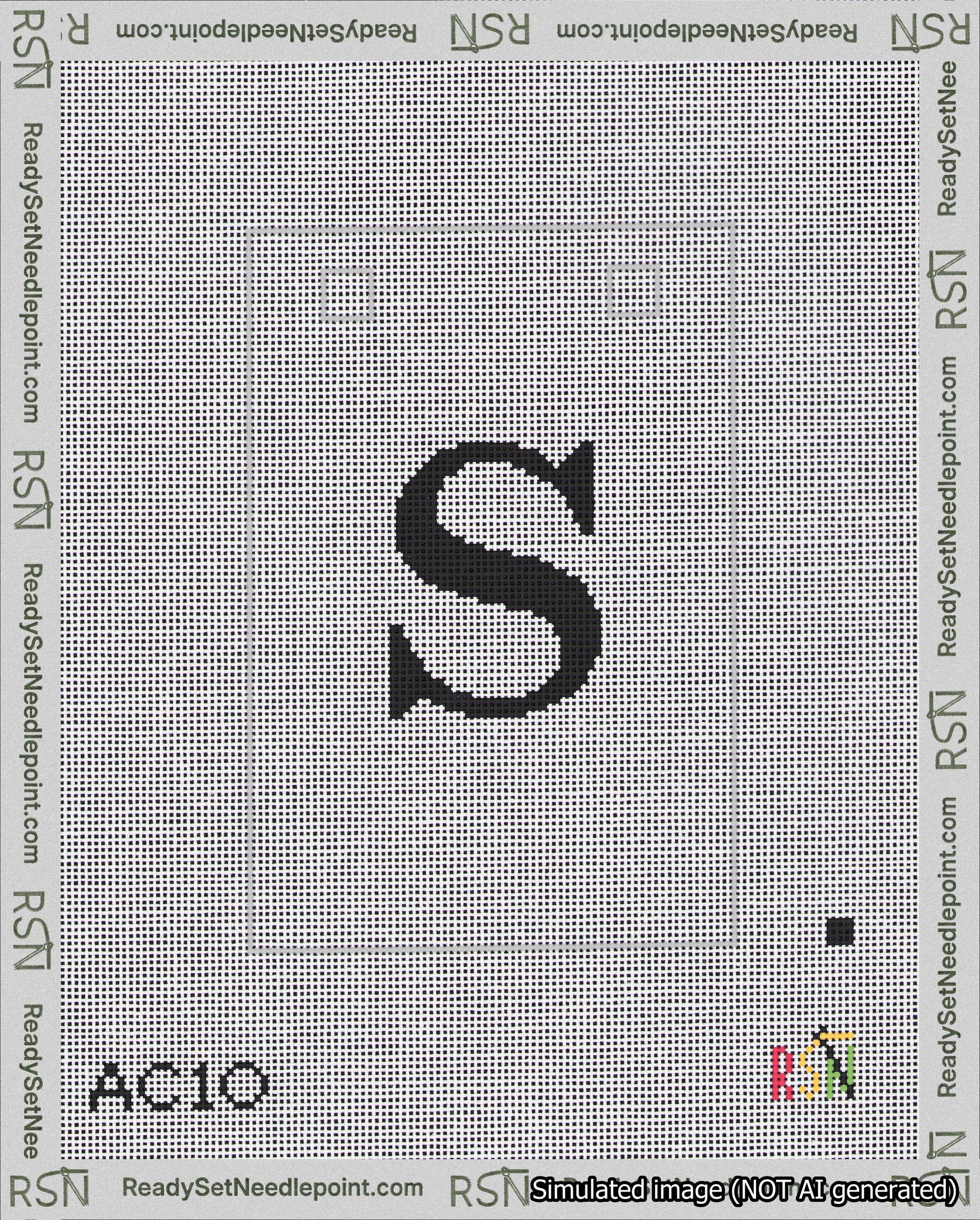 A taped needlepoint canvas with the design: Banner 18 mesh count Squared S Black on White.