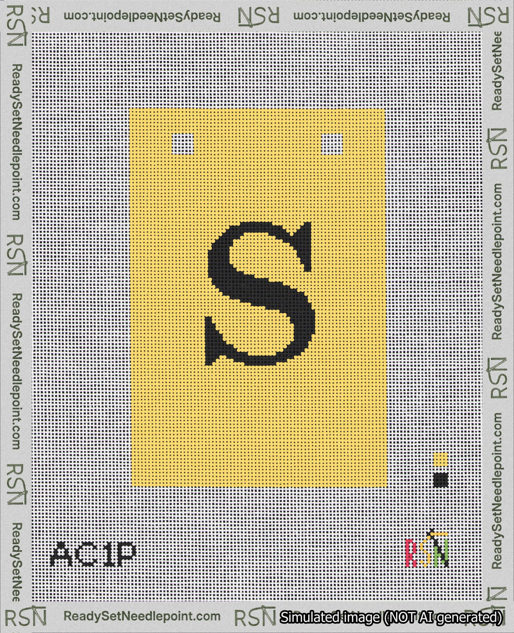 A taped needlepoint canvas with the design: Banner 18 mesh count Squared S Black on Yellow.