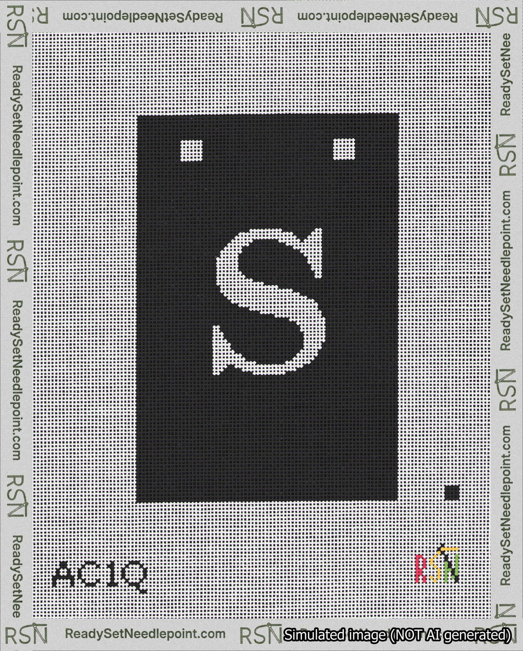A taped needlepoint canvas with the design: Banner 18 mesh count Squared S White on Black.