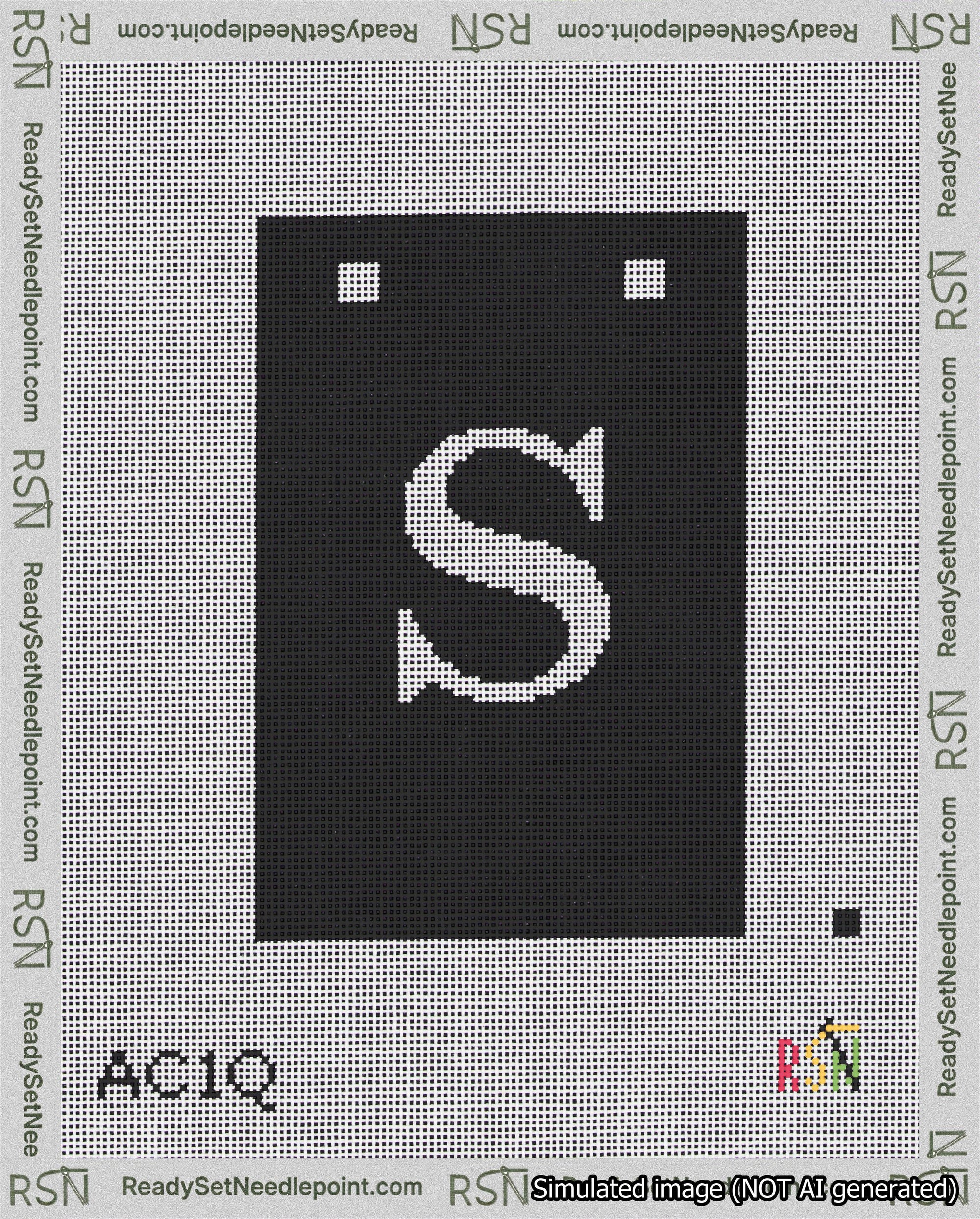 A taped needlepoint canvas with the design: Banner 18 mesh count Squared S White on Black.