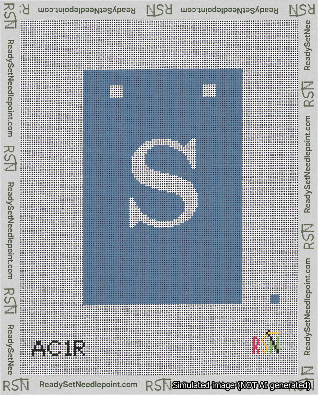A taped needlepoint canvas with the design: Banner 18 mesh count Squared S White on Blue.