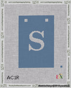 A taped needlepoint canvas with the design: Banner 18 mesh count Squared S White on Blue.