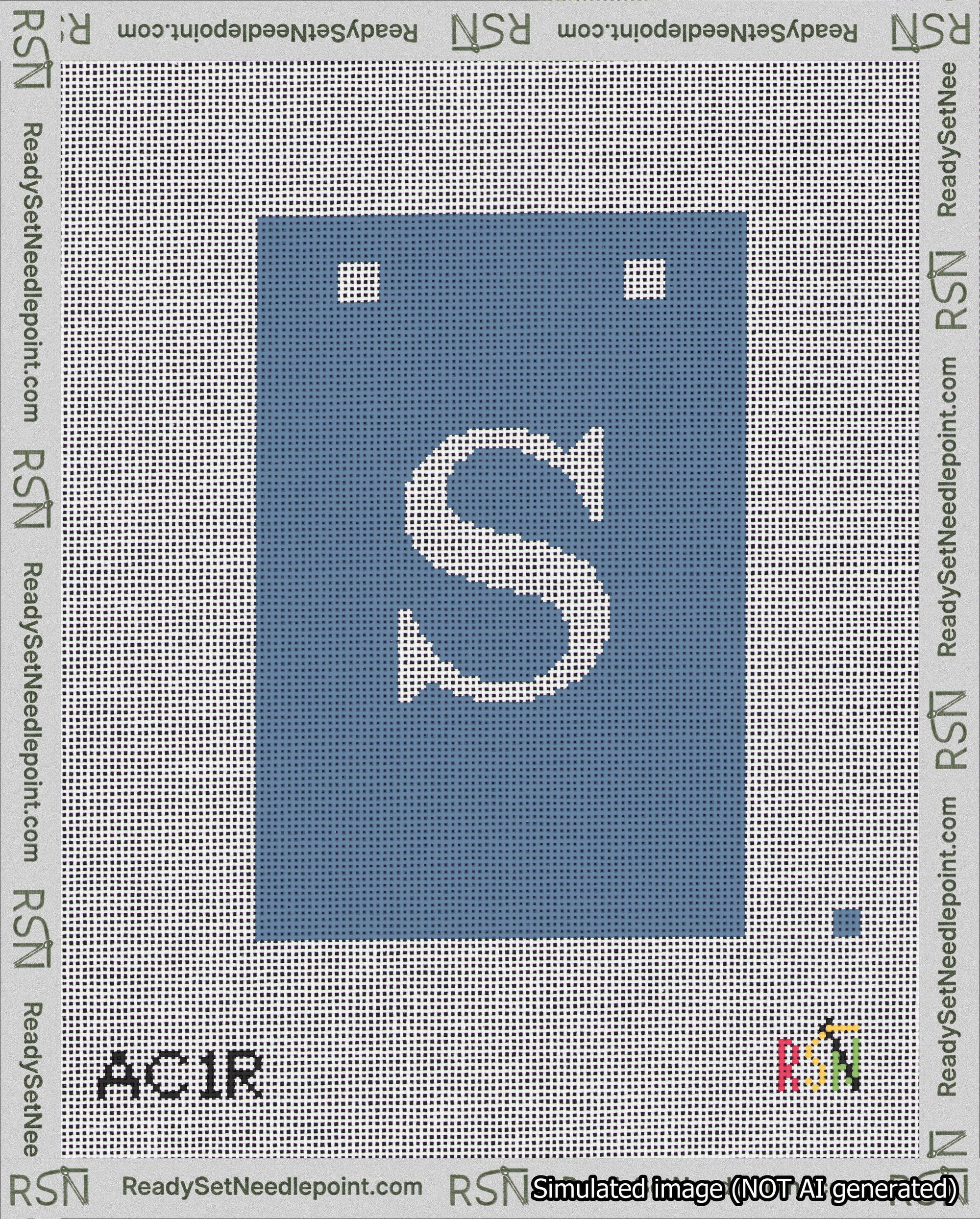 A taped needlepoint canvas with the design: Banner 18 mesh count Squared S White on Blue.