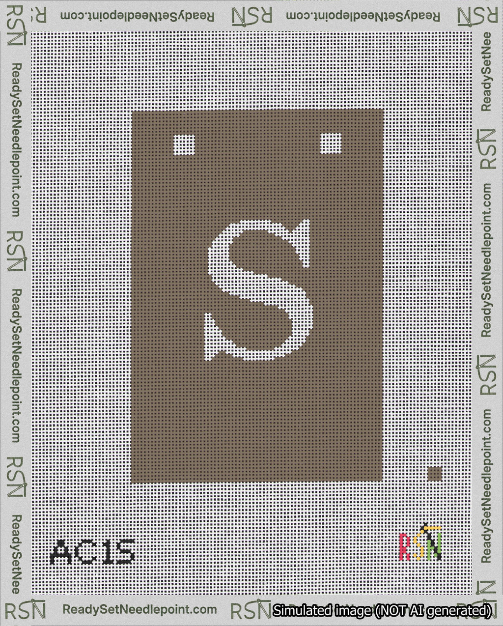 A taped needlepoint canvas with the design: Banner 18 mesh count Squared S White on Brown.