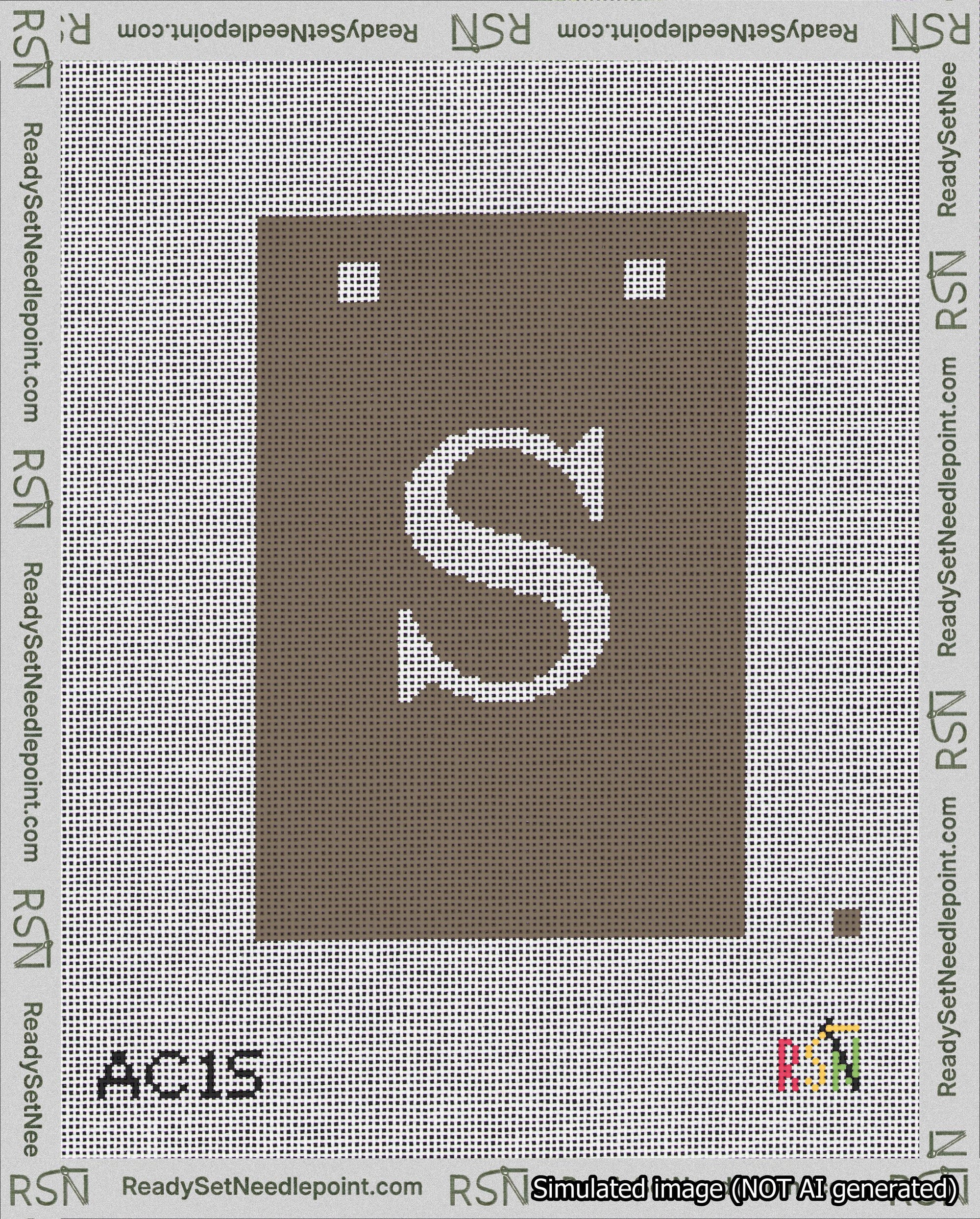 A taped needlepoint canvas with the design: Banner 18 mesh count Squared S White on Brown.