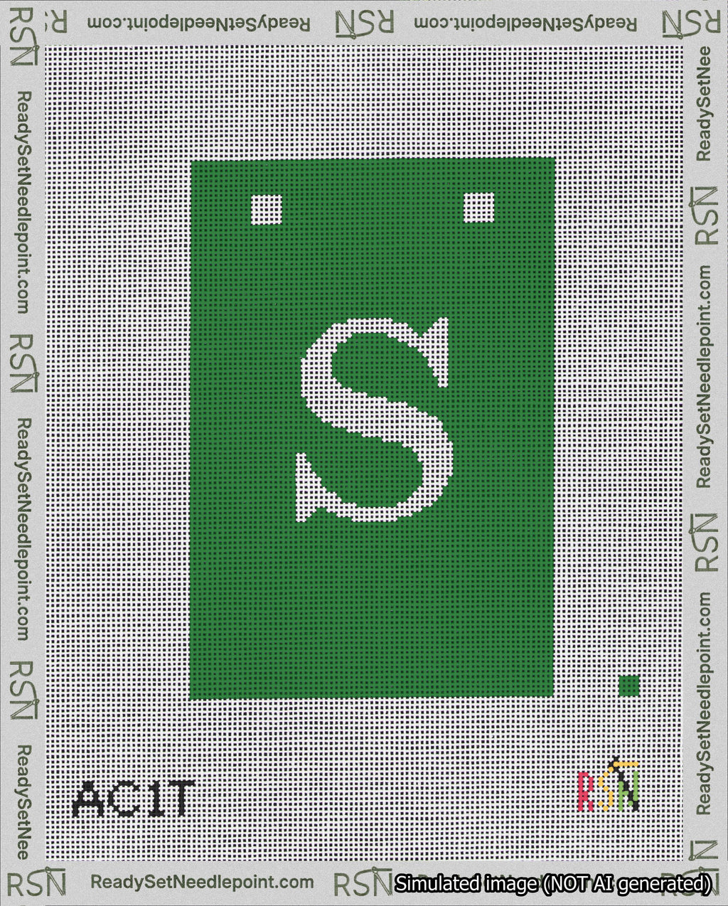 A taped needlepoint canvas with the design: Banner 18 mesh count Squared S White on Green.