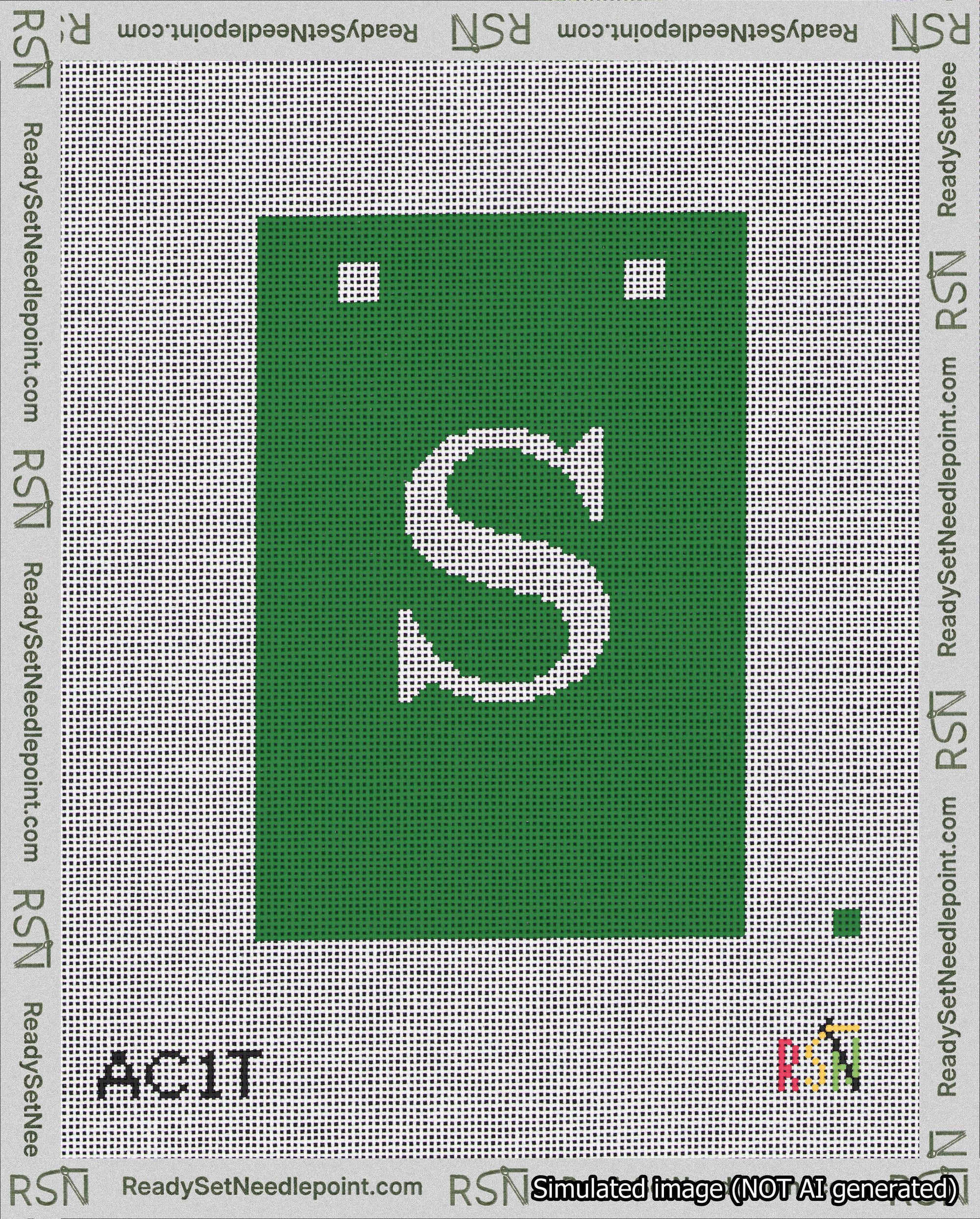 A taped needlepoint canvas with the design: Banner 18 mesh count Squared S White on Green.