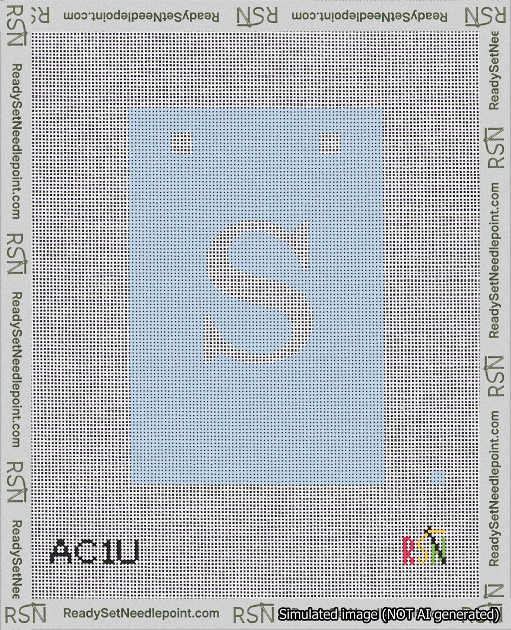 A taped needlepoint canvas with the design: Banner 18 mesh count Squared S White on Light Blue.