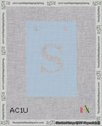 A taped needlepoint canvas with the design: Banner 18 mesh count Squared S White on Light Blue.