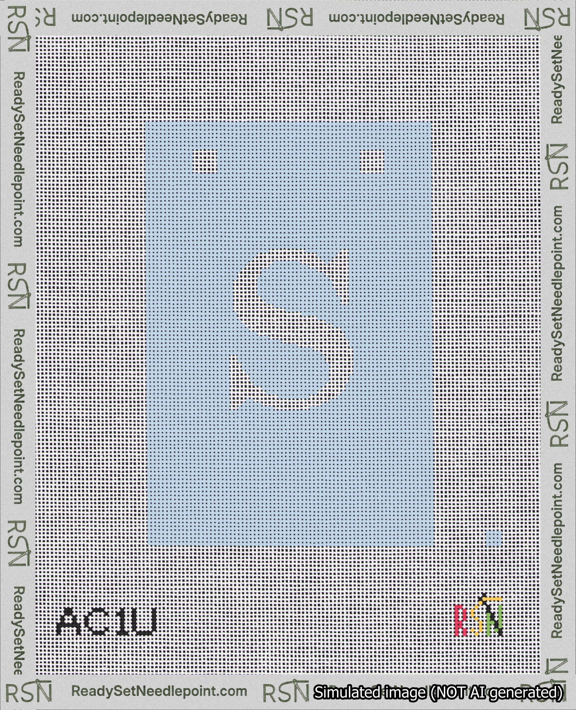 A taped needlepoint canvas with the design: Banner 18 mesh count Squared S White on Light Blue.