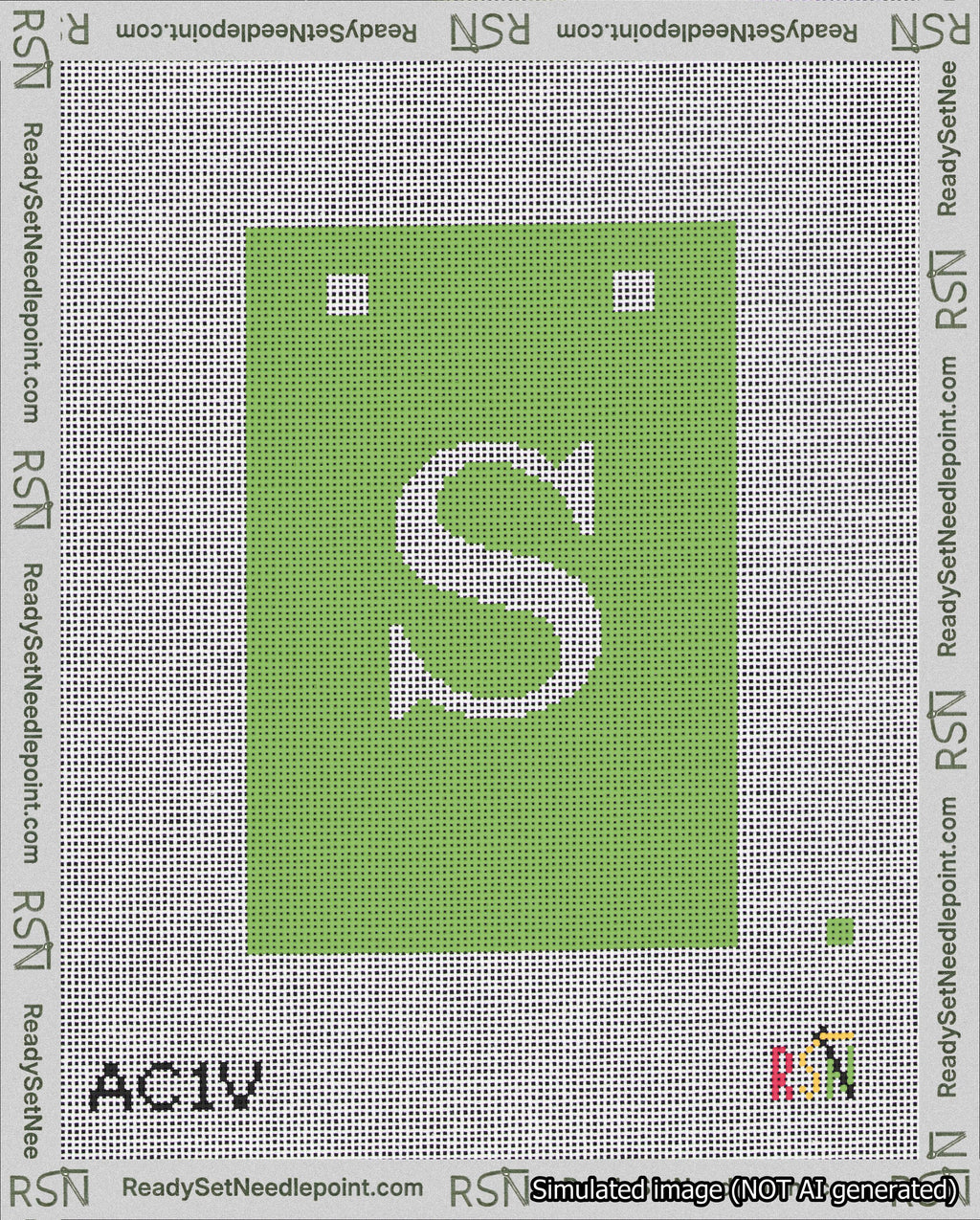 A taped needlepoint canvas with the design: Banner 18 mesh count Squared S White on Light Green.