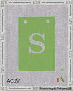 A taped needlepoint canvas with the design: Banner 18 mesh count Squared S White on Light Green.