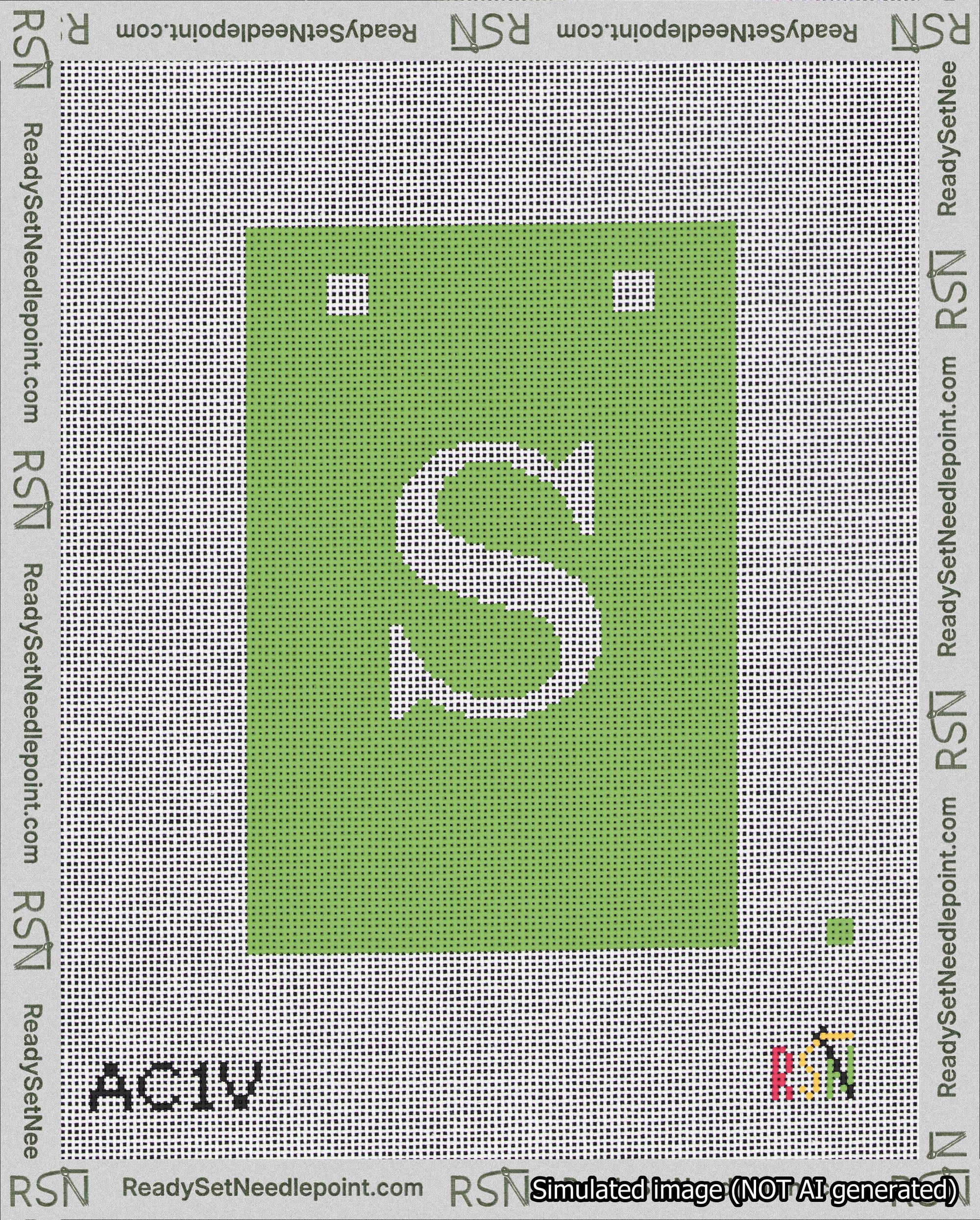 A taped needlepoint canvas with the design: Banner 18 mesh count Squared S White on Light Green.